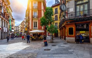 Old,cozy,street,in,madrid,,spain.,architecture,and,landmark,of
